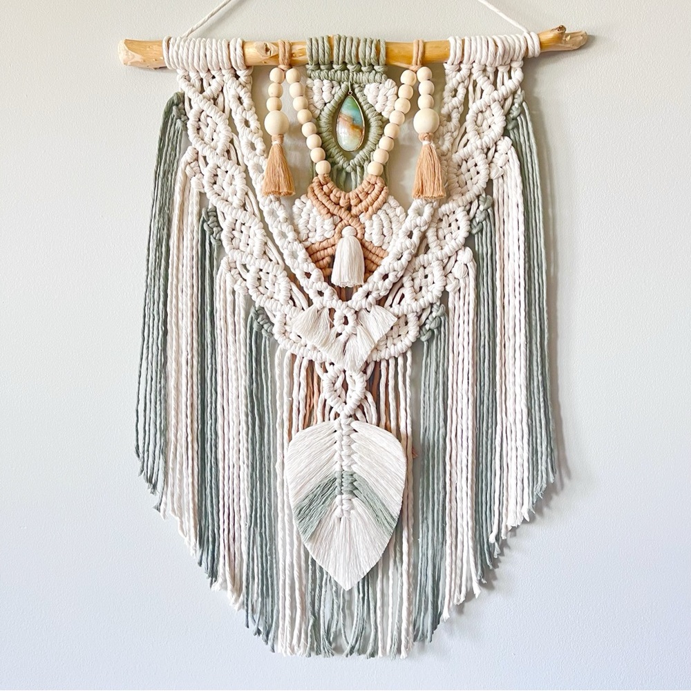 Boho macrame wall hanging with natural gemstone and tassels